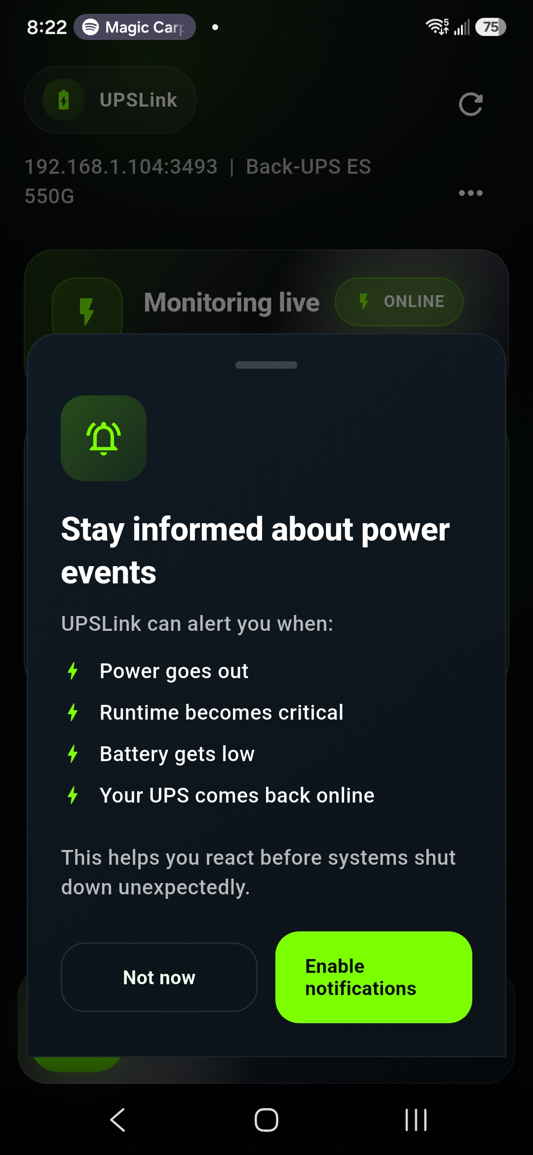 UPSLink prompt to enable background monitoring and UPS alerts
